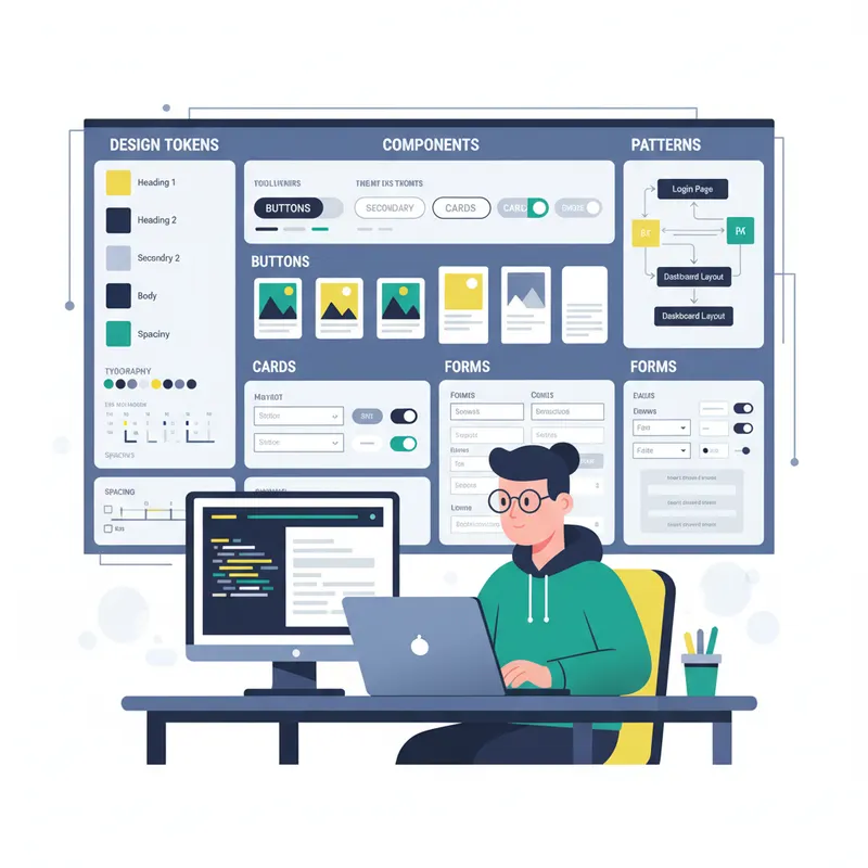 Design system minimaliste avec tokens de couleurs et composants reutilisables